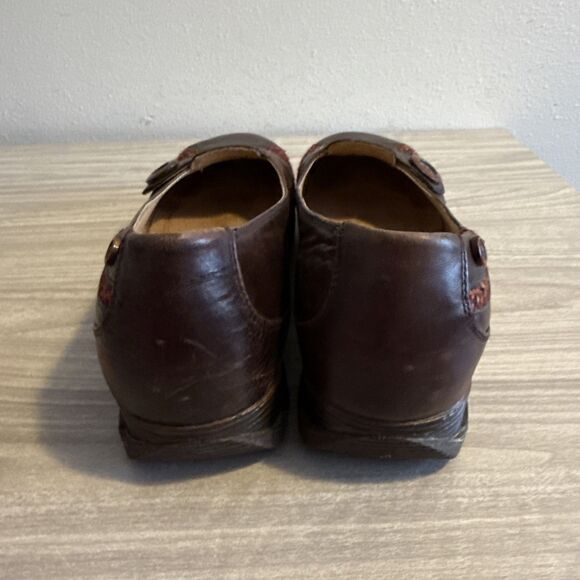 Dansko ‘Pam’ Brown Leather Sz 42 Buttons Tweed Hipster Boho Casual Wedge - Picture 7 of 11